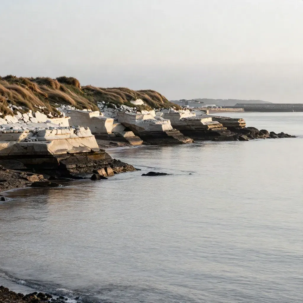 Coastal chalk terrace above a still estuary, with grasses, haze and a distant harbour line.
