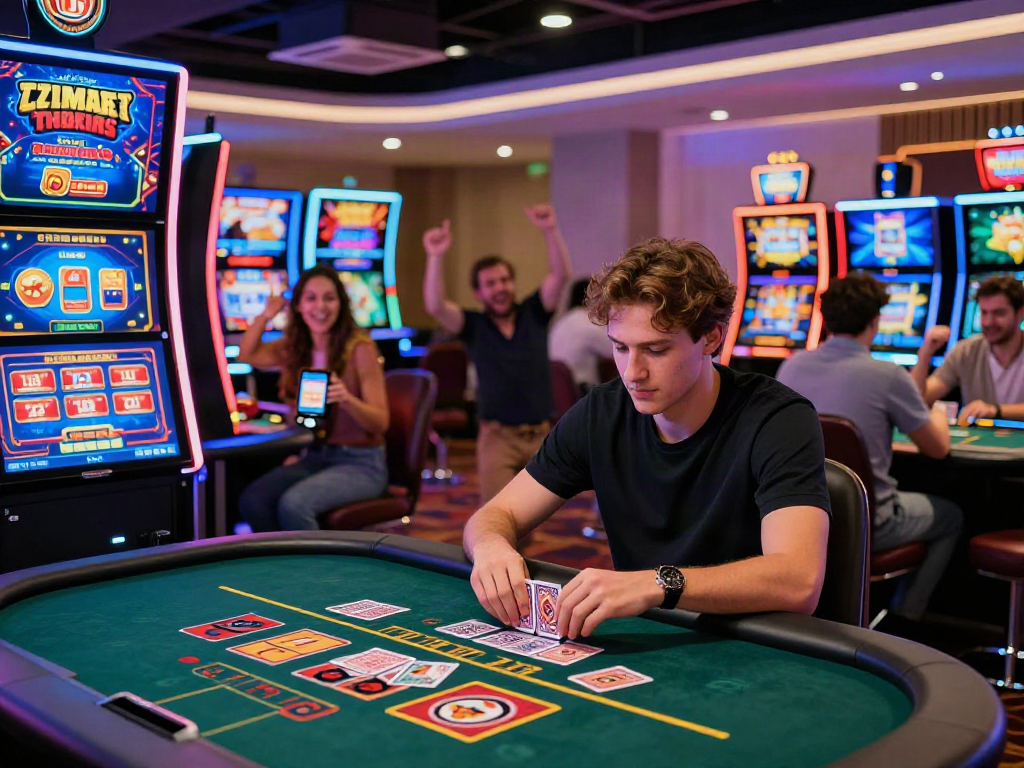 Diverse players at a non Gamstop casino, enjoying blackjack and slots in a vibrant setting.