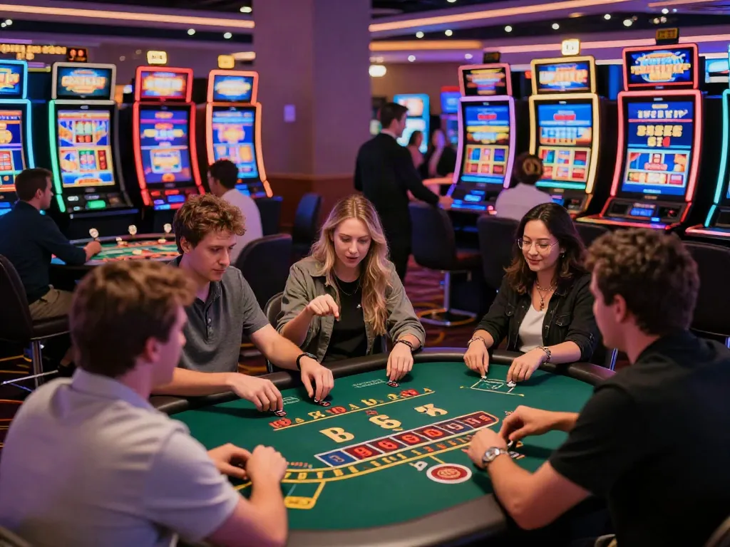 Diverse players enjoying games at a non Gamstop casino, surrounded by vibrant lights and modern gaming tables.