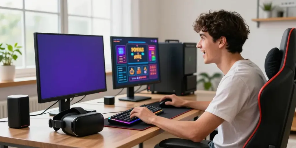 Engaging young man playing at a non gamstop casino on a sleek gaming setup.