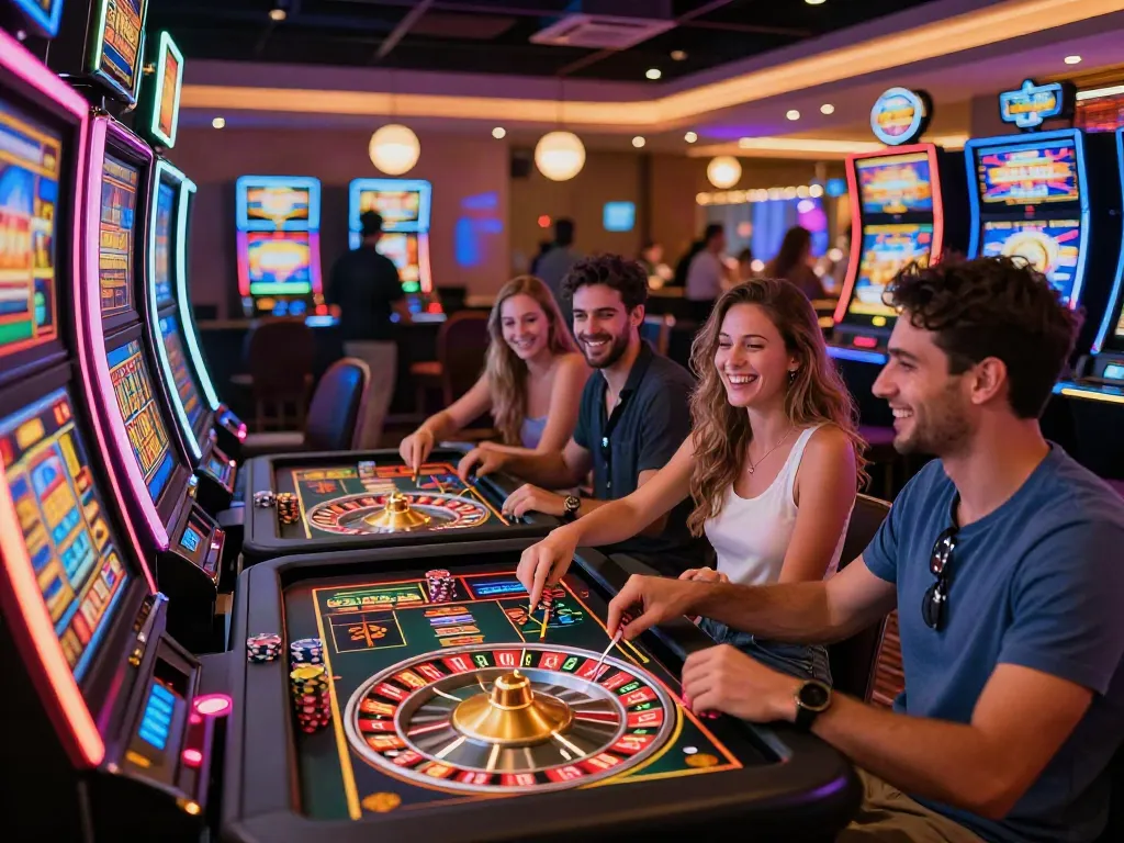 Group enjoying non GamStop casino games in a vibrant casino atmosphere.