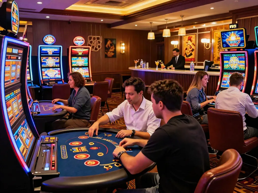 Exciting non Gamstop casino atmosphere with players at gaming tables and neon lights.