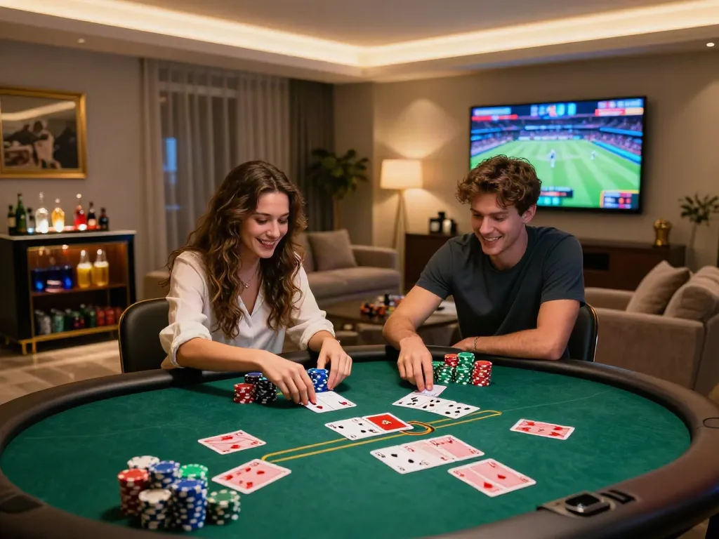 A lively non gamstop casino home gaming room with a couple at a poker table.