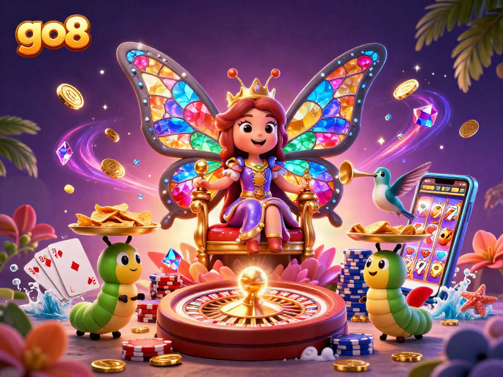 Engage in the thrilling go8 casino experience with the butterfly queen amidst golden chips and vibrant games.