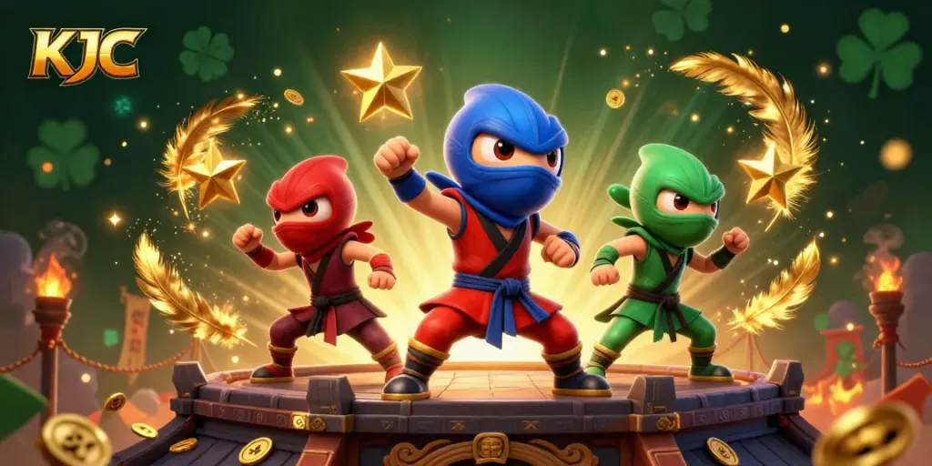 KJC ninja chameleons perform martial arts at an online casino rooftop, surrounded by dynamic gaming elements.