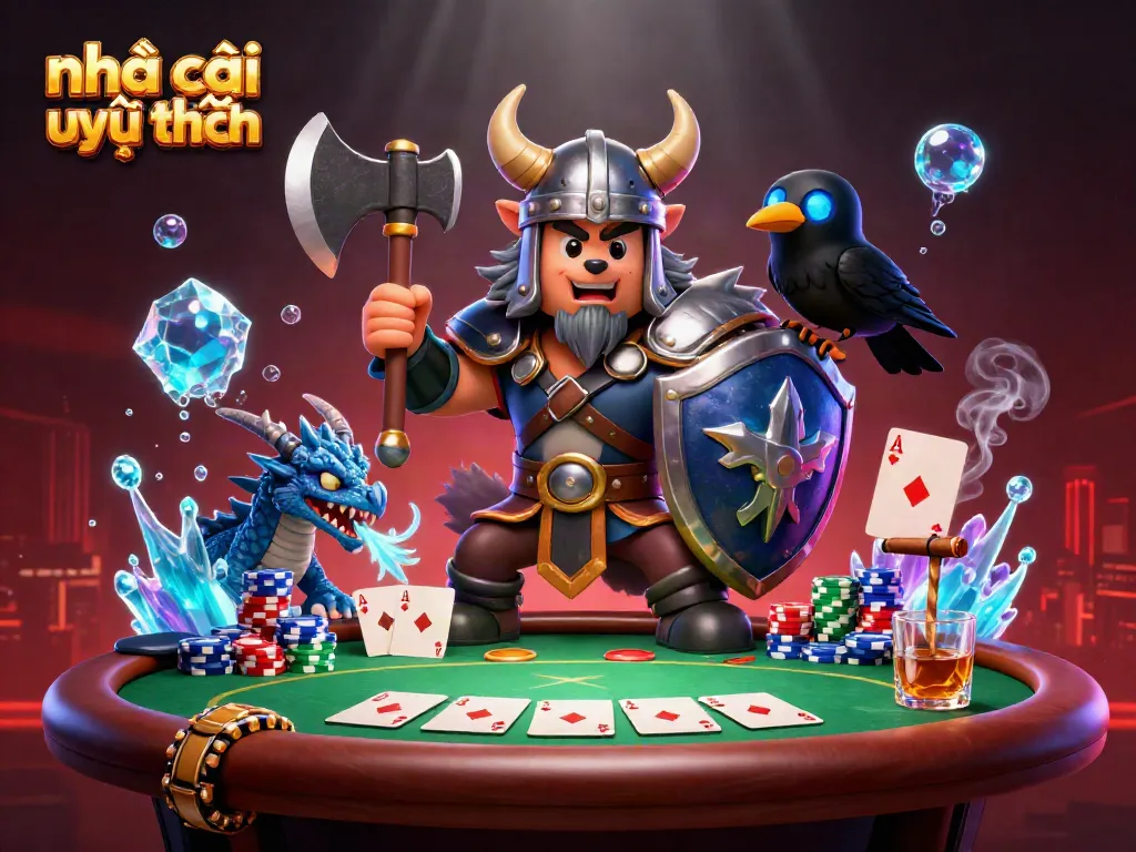 Experience the thrill of gaming at nhà cái uy tín trực tuyến with a Viking warrior, dragon, and raven amid poker excitement.