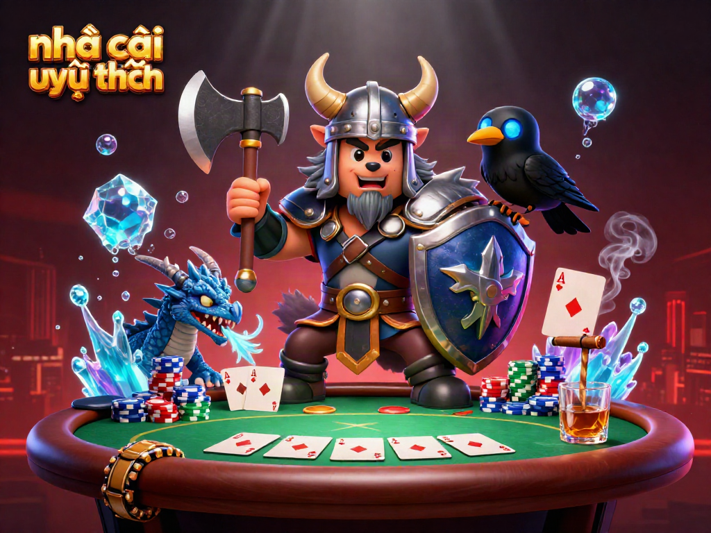 Experience the thrill of gaming at nhà cái uy tín trực tuyến with a Viking warrior, dragon, and raven amid poker excitement.