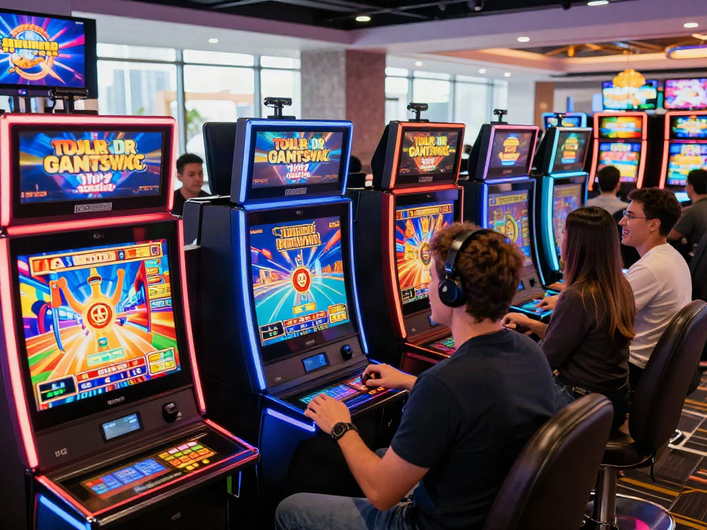 Exciting atmosphere of a non Gamstop casino with players winning and vibrant gaming stations.