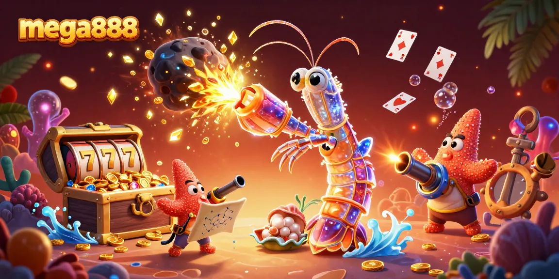 Experience mega888 excitement as the mantis shrimp battles for gems and gold in this vibrant casino-themed illustration.