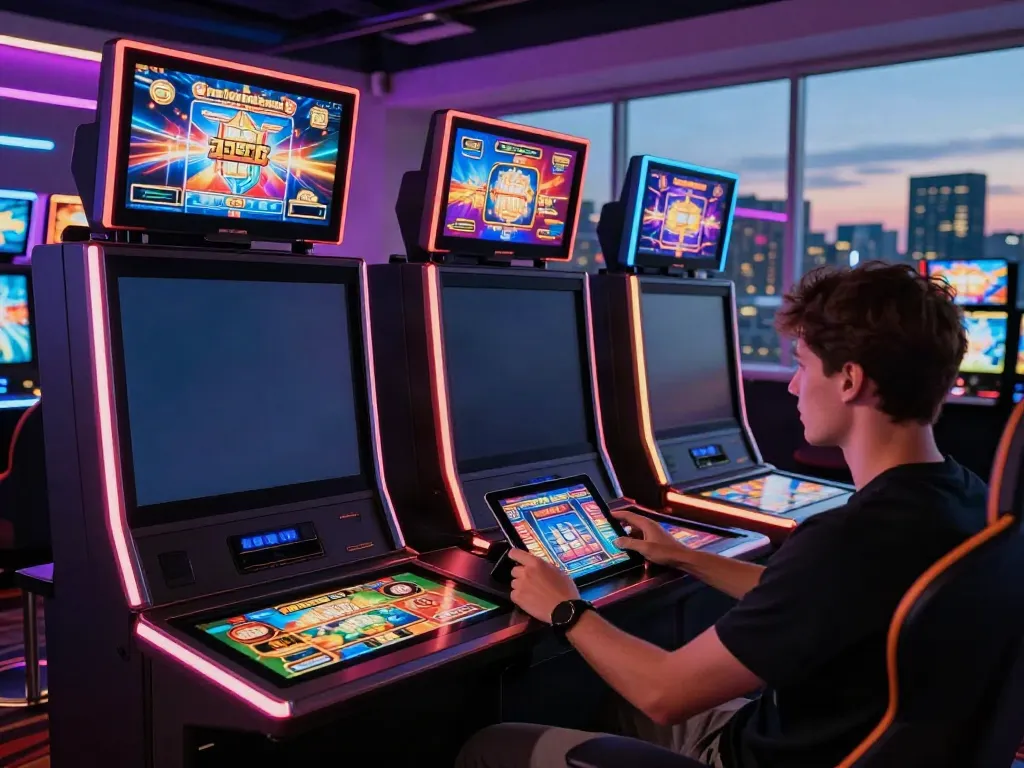 Exciting non GamStop casino gaming setup with vibrant screens and engaged player.