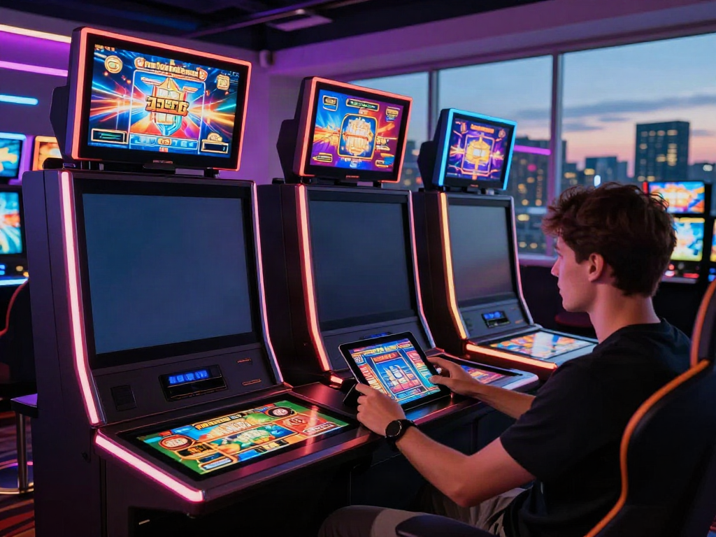 Exciting non GamStop casino gaming setup with vibrant screens and engaged player.
