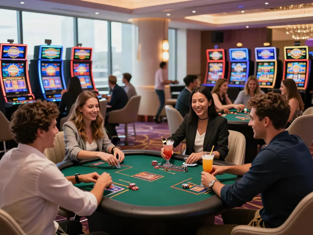 Exciting night at a non Gamstop casino with friends enjoying gaming and drinks.