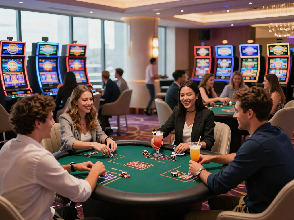 Exciting night at a non Gamstop casino with friends enjoying gaming and drinks.