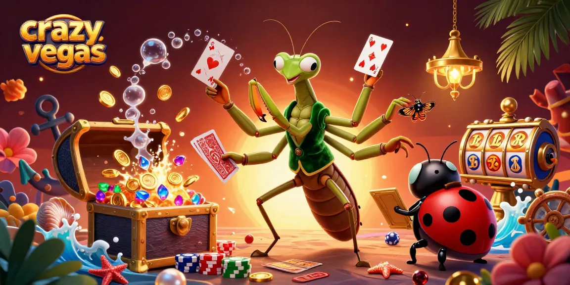 Experience gambling action at crazyvegas with a giant praying mantis and ladybug pit boss in a vibrant casino scene.