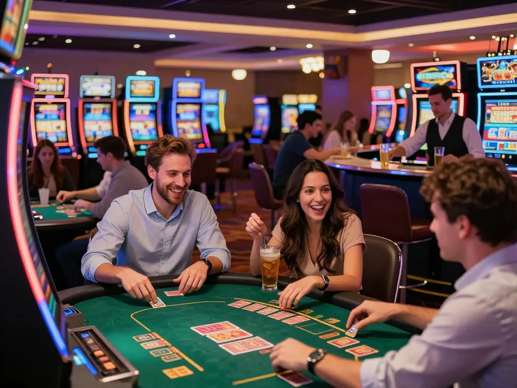 Exciting moment at a non GamStop casino with players enjoying slot machines and card games.