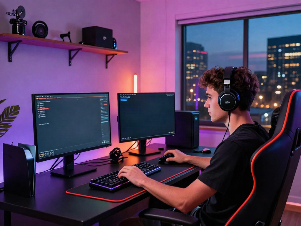 Youthful gamer enjoying a non Gamstop casino game in a neon-lit gaming room with city view.