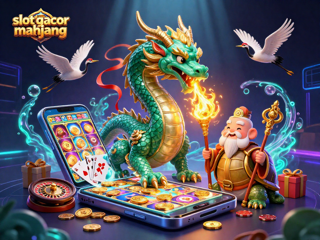 Experience the excitement of slot gacor mahjong in this vibrant illustration with dragons and lucky cranes