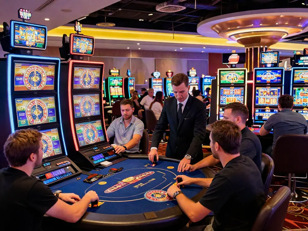 Engaging casino gaming room showcasing players at non GamStop casino tables and slot machines.
