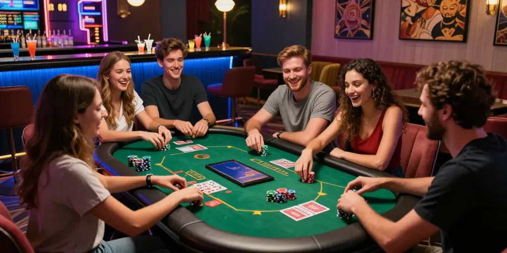Exciting gathering at a non Gamstop casino lounge with friends playing casino games.