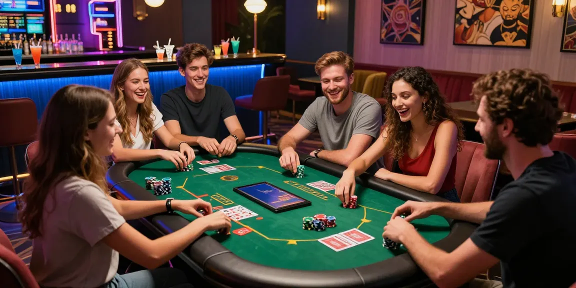 Exciting gathering at a non Gamstop casino lounge with friends playing casino games.