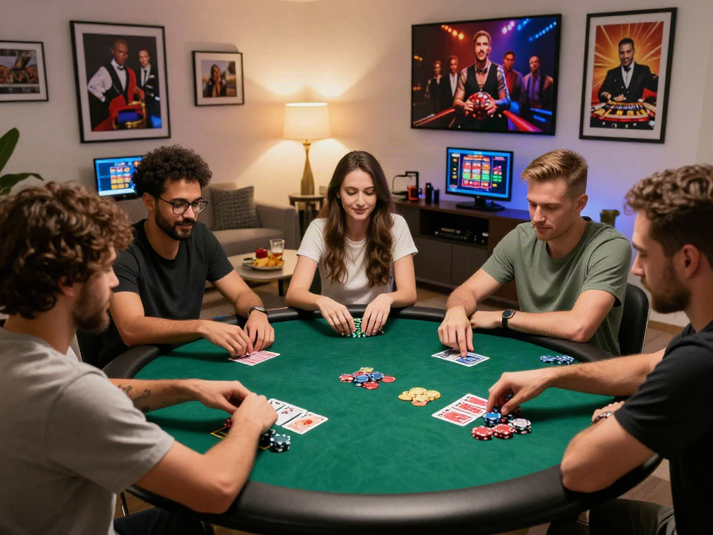 Diverse friends enjoying a lively poker game at home, illustrating non Gamstop casino excitement.
