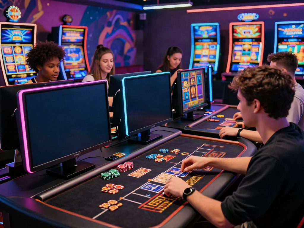 Exciting gaming experience at a non GamStop casino with players enjoying various games in a modern setup.