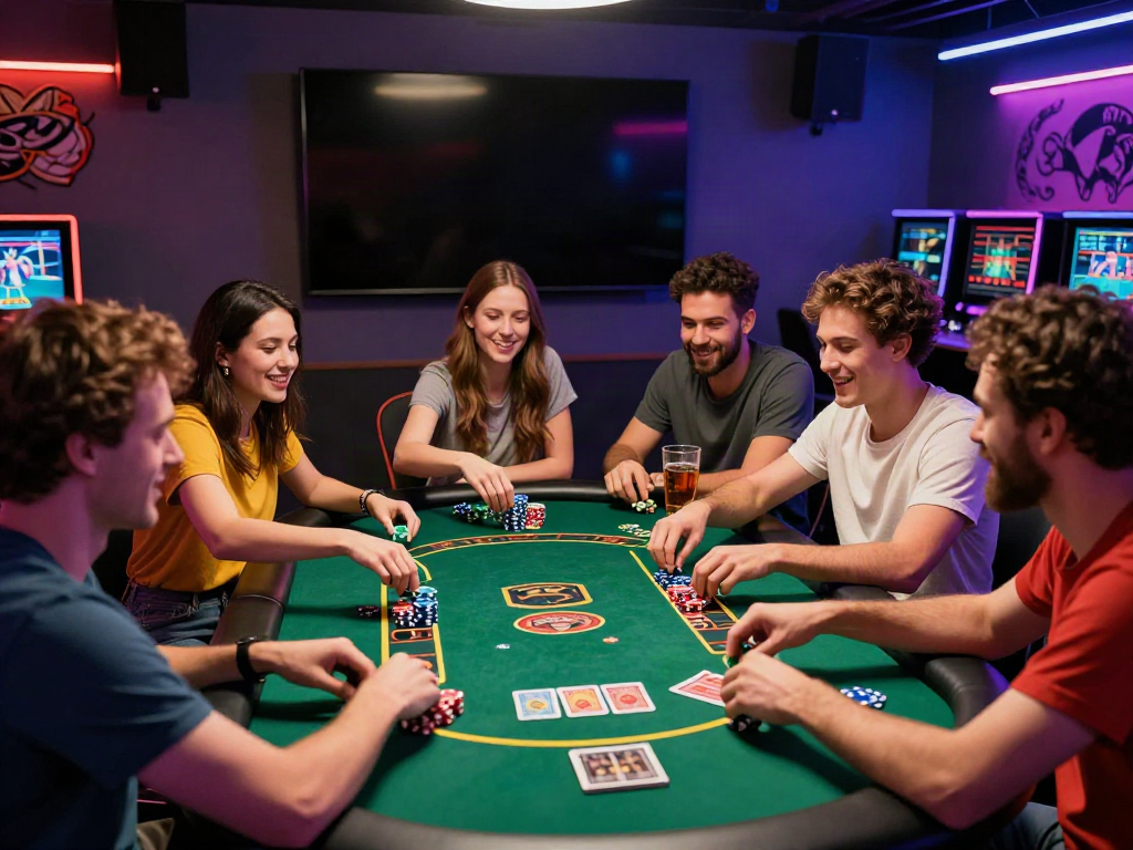 Diverse group enjoying games at a non GamStop casino, showcasing excitement and camaraderie.