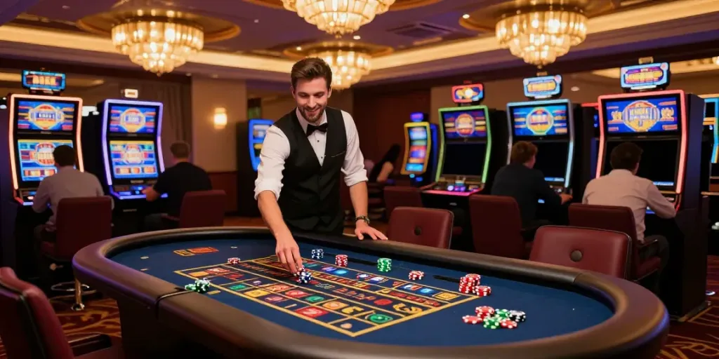Engaging scene of a vibrant non Gamstop casino with a friendly dealer at a roulette table.