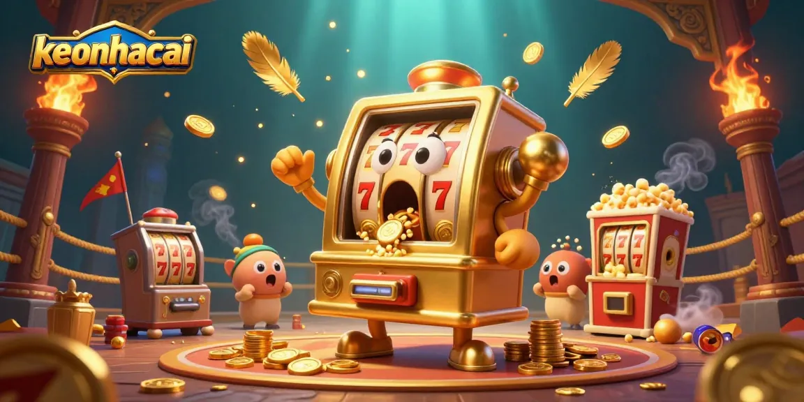 Keonhacai-inspired slot machine triumphantly hitting a jackpot, surrounded by cheering machines.
