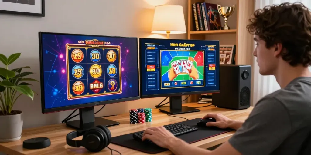 Engaged player exploring non GamStop casino games at home with vibrant screen.