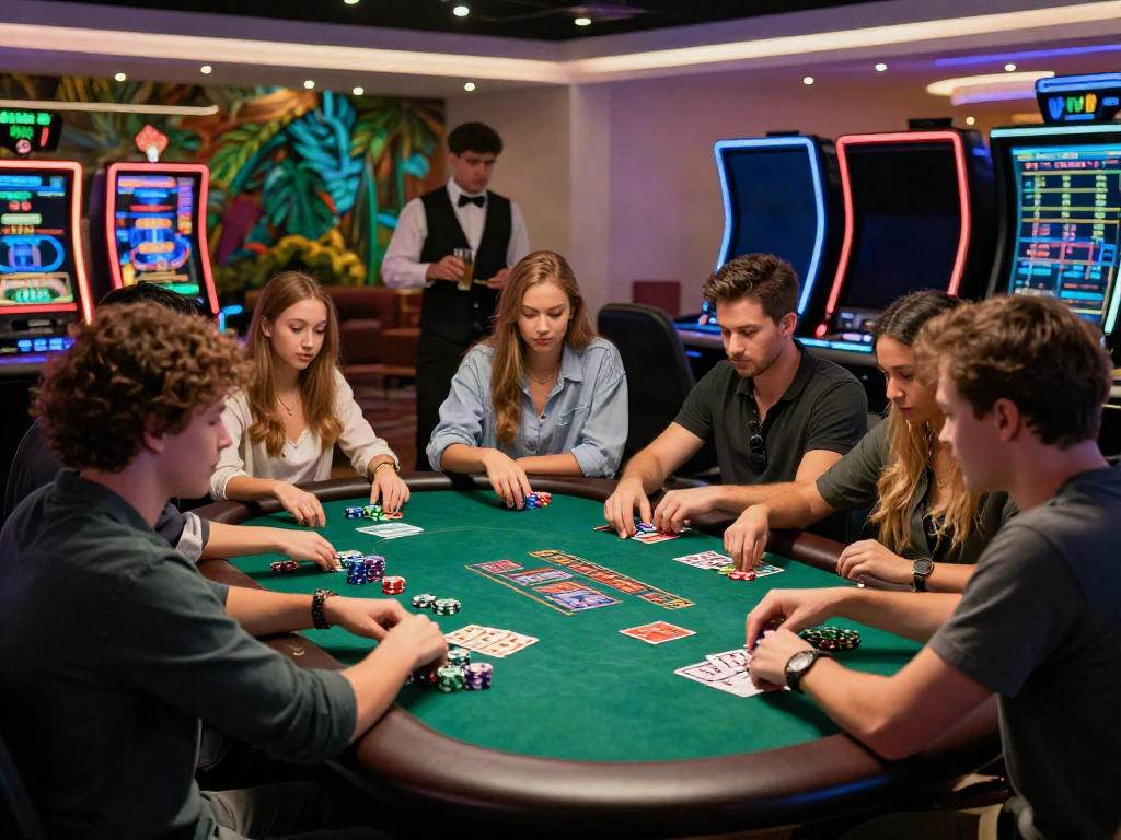 Engaging scene of players enjoying a non gamstop casino experience at a vibrant gaming table, highlighting excitement and interaction.