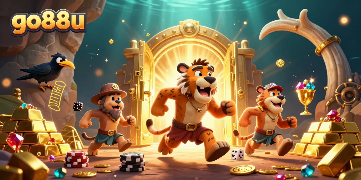 Engage with thrilling games at go88u, featuring a vibrant prehistoric casino scene with dynamic characters.