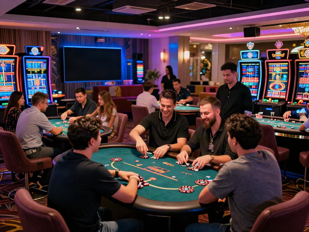 Engaging atmosphere of a non Gamstop casino with players at tables and vibrant lighting.