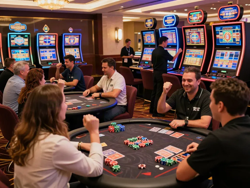 Exciting non Gamstop casino gaming room with players at tables and colorful slot machines.