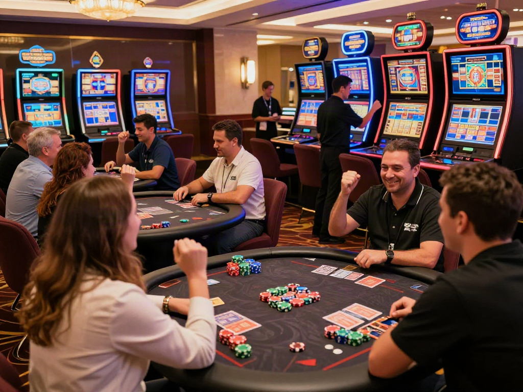 Exciting non Gamstop casino gaming room with players at tables and colorful slot machines.