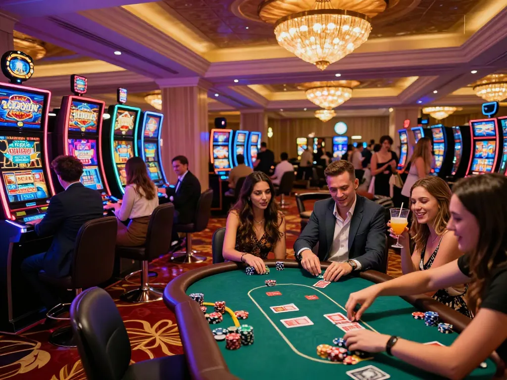 Friends enjoying gaming at a lively non gamstop casino, vibrant atmosphere, colorful machines.