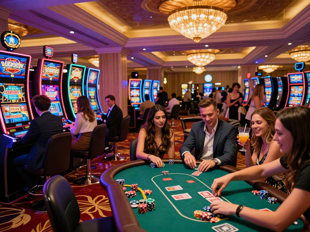 Friends enjoying gaming at a lively non gamstop casino, vibrant atmosphere, colorful machines.