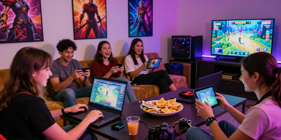 Adults enjoying immersive html porn games together in a vibrant gaming lounge setting.