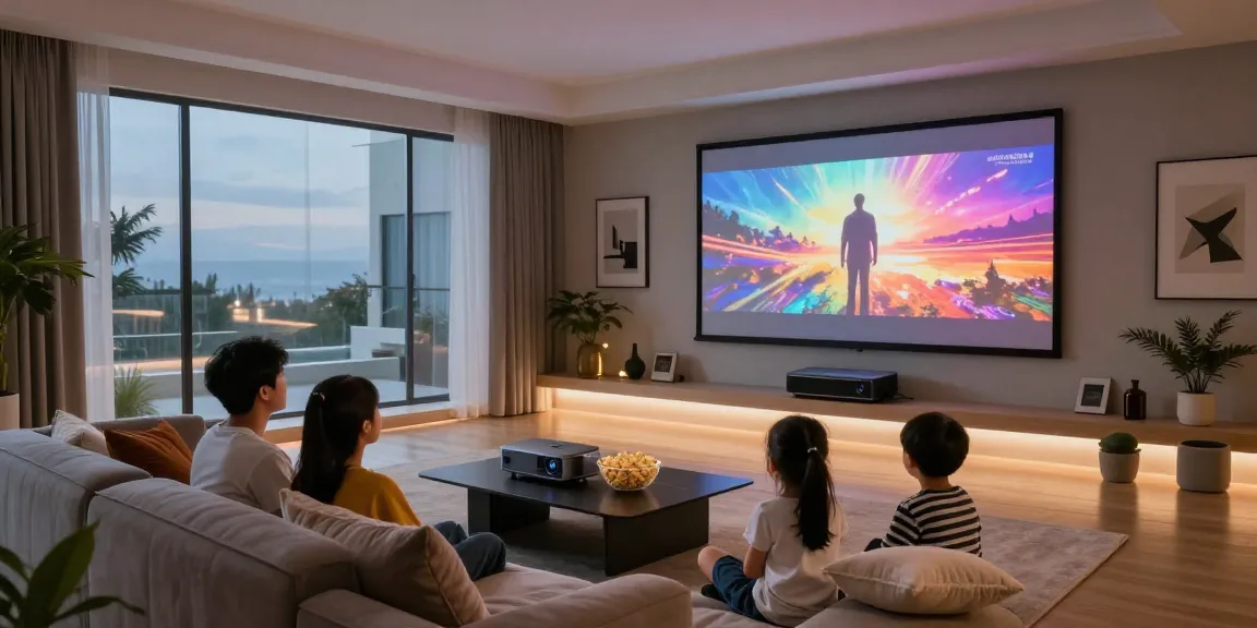 Family enjoying movie night with the best projector 2026 in a cozy home theater setting.