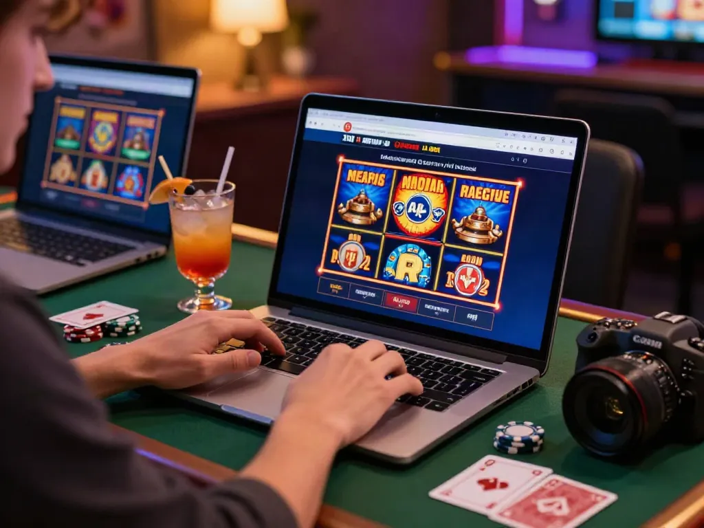 Player enjoying a non gamstop casino online slot game on a modern laptop with vibrant graphics and cozy ambiance.