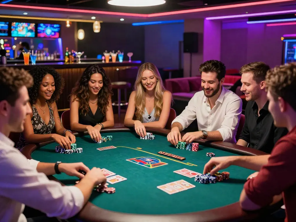 Group of friends enjoying a game at a non Gamstop casino poker table, bright neon lights and excitement in the air.