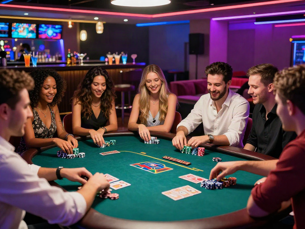 Group of friends enjoying a game at a non Gamstop casino poker table, bright neon lights and excitement in the air.