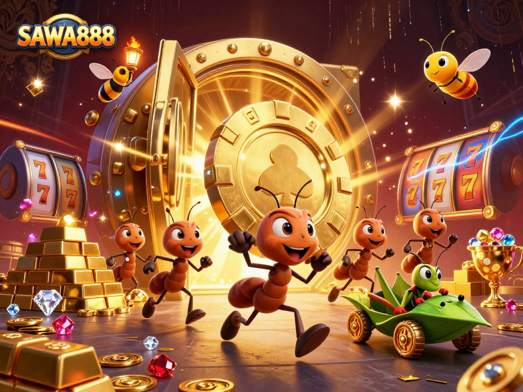 SAWA888's vibrant 3D illustration shows ants on a heist, merging casino elements like slot reels.