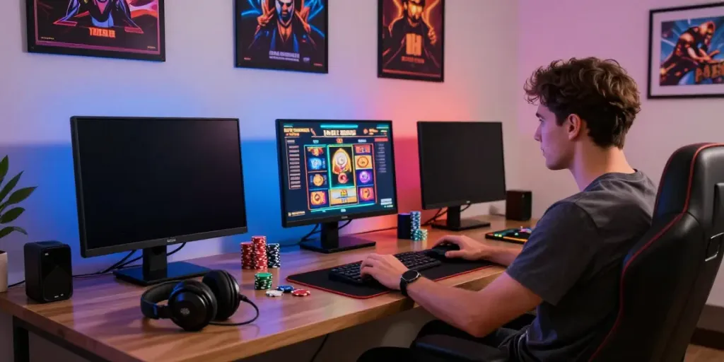 Immersive non Gamstop casino gaming environment with vibrant screens and accessories.