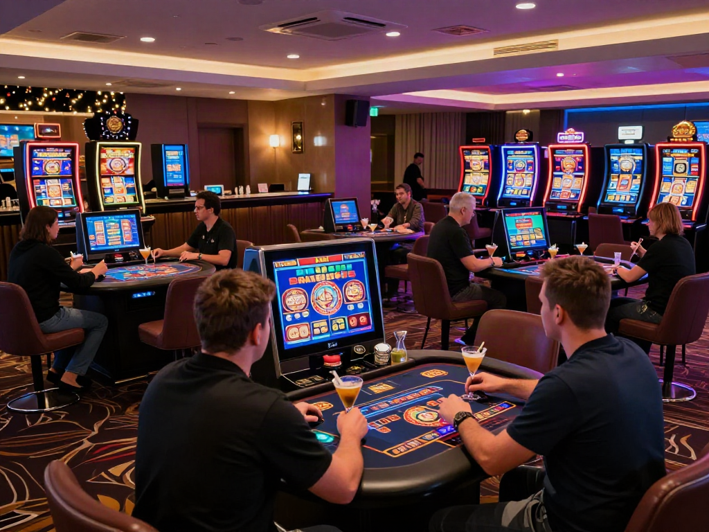 Engaging scene in a non gamstop casino with vibrant gaming tables and players.