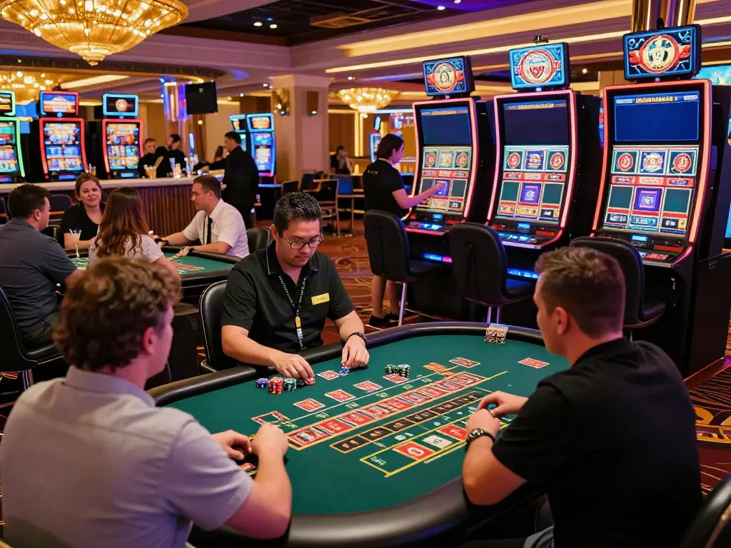 Exciting non GamStop casino scene with players at roulette and slot machines