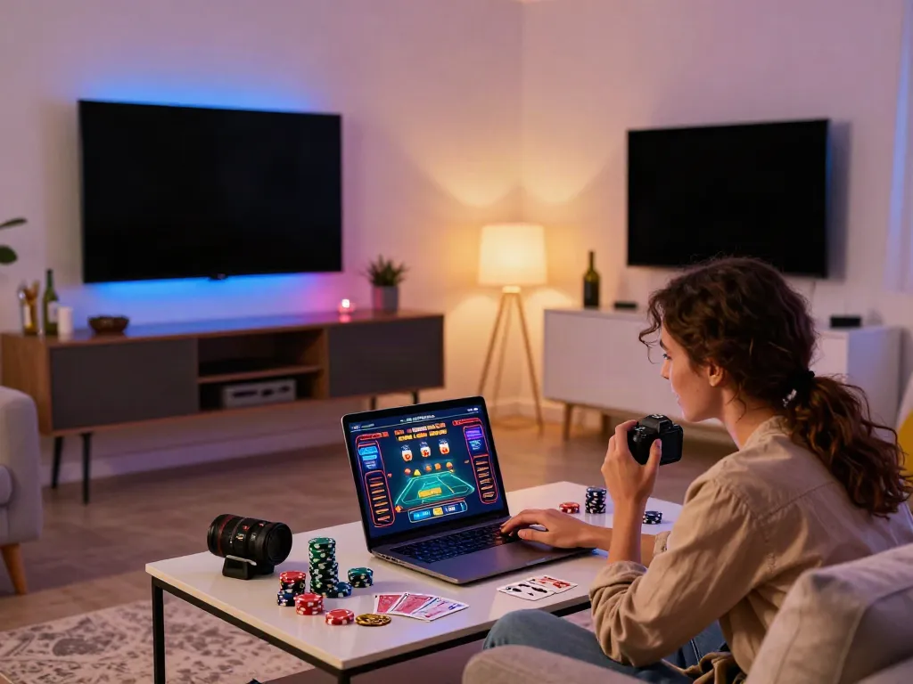 Youthful couple enjoying gaming at a non Gamstop casino in a cozy living room.