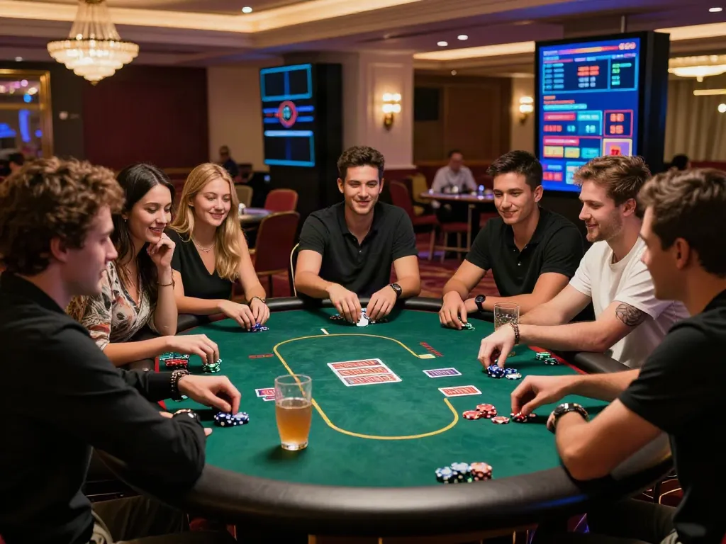 Exciting gaming atmosphere showing friends enjoying a non gamstop casino experience with poker and drinks.
