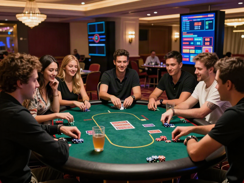 Exciting gaming atmosphere showing friends enjoying a non gamstop casino experience with poker and drinks.