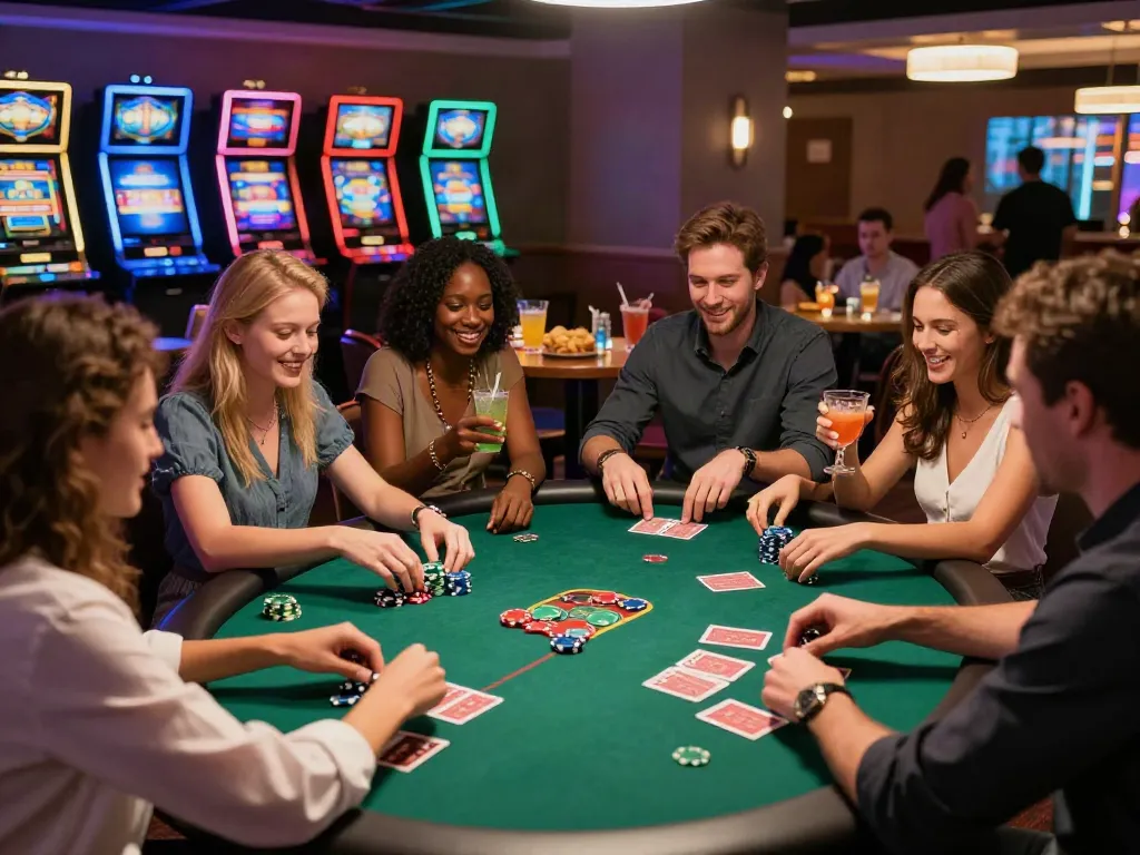 Diverse group celebrating at a non GamStop casino gaming table with poker chips and cards, embodying excitement.